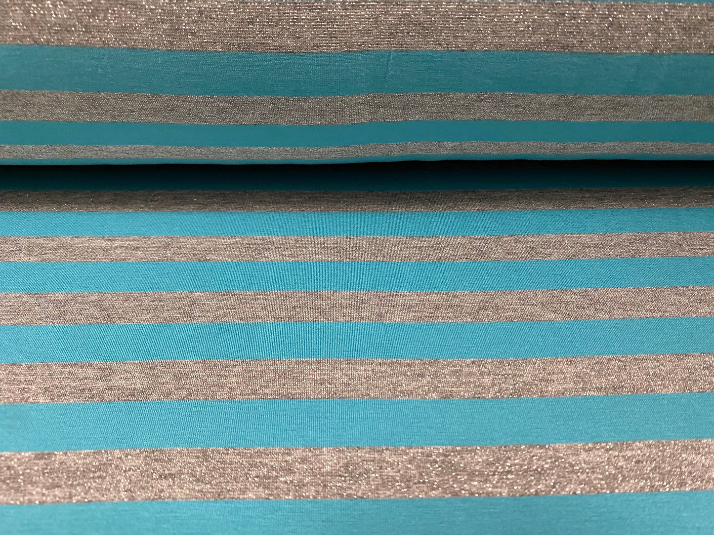 Lurex metallic single jersey stretch spandex fabric, per metre - turquoise  & silver stripe