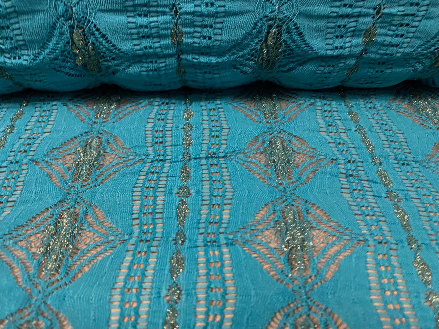 Ruched Aztec Inca design stretch lace fabric with lurex, per metre - dark turquoise & gold