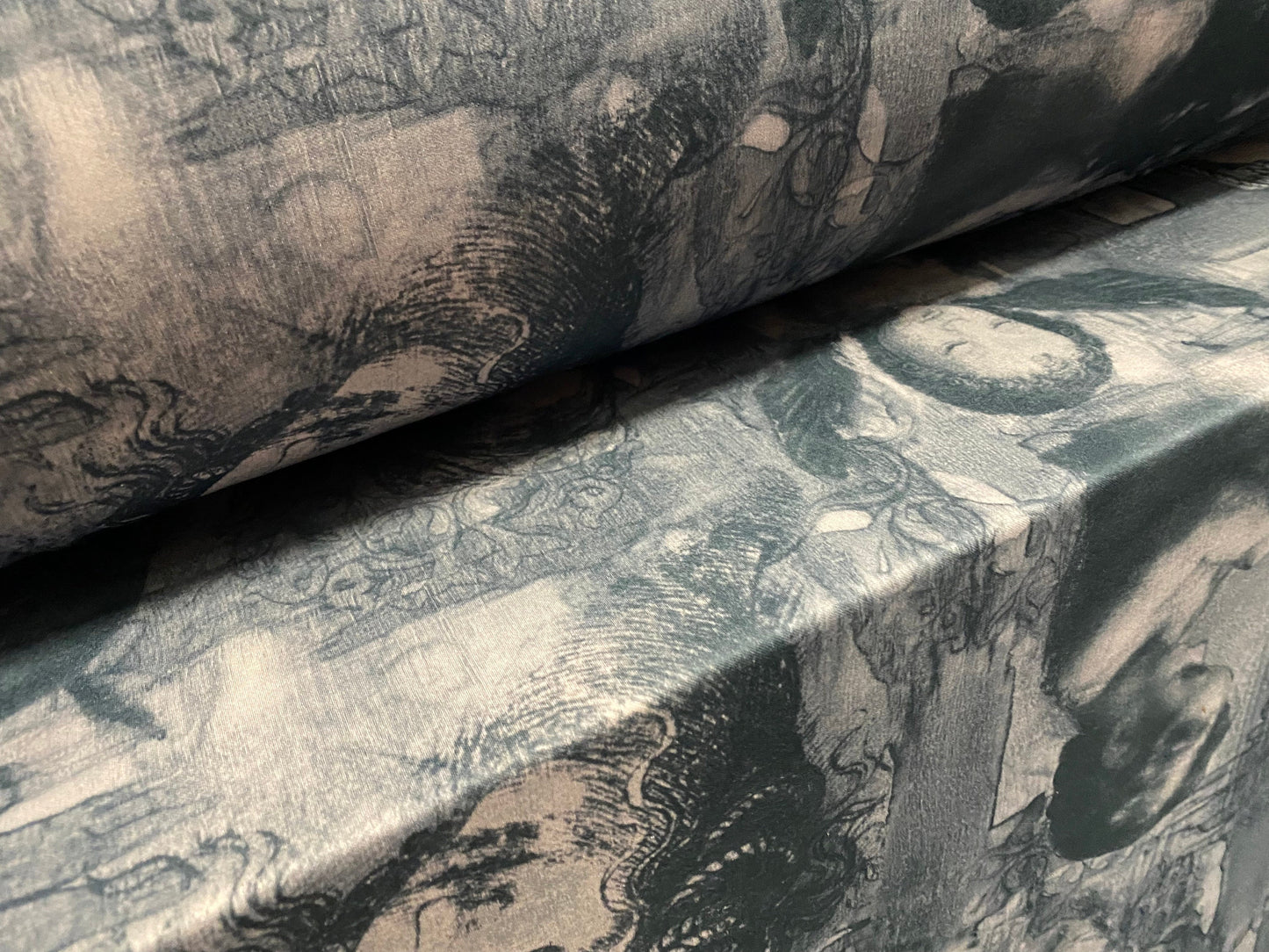 Scuba spandex stretch neoprene style jersey fashion fabric, per metre - women and angels print - Nude & grey