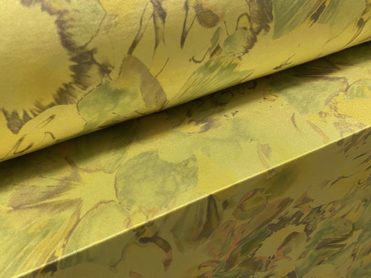 Disco shimmer stretch jersey fabric, per metre - yellow, pale aqua floral print