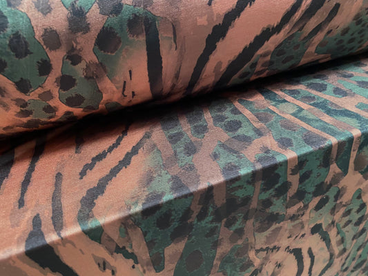 Disco shimmer stretch jersey fabric, per metre - distressed leopardskin animal print - dusky pink & green