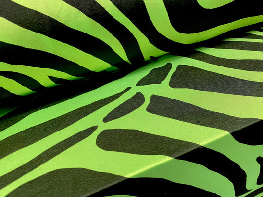 Disco shimmer stretch jersey fabric, per metre - zebra print - neon green