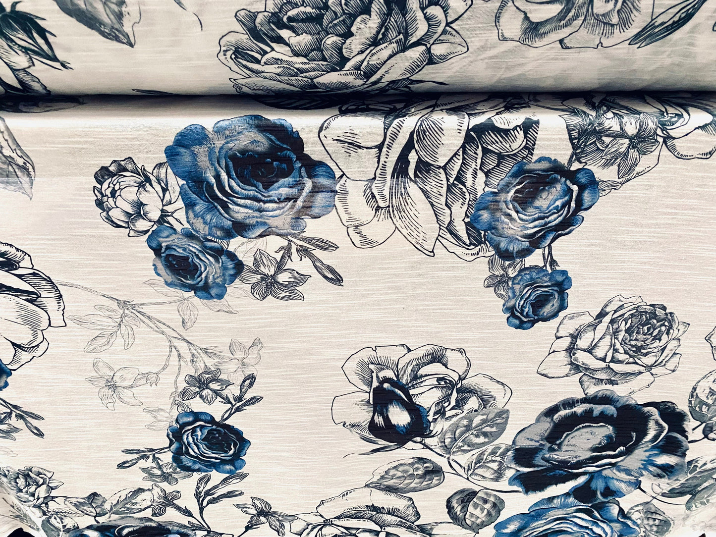 Slub single jersey printed fabric, per metre - white with blue rose flower print
