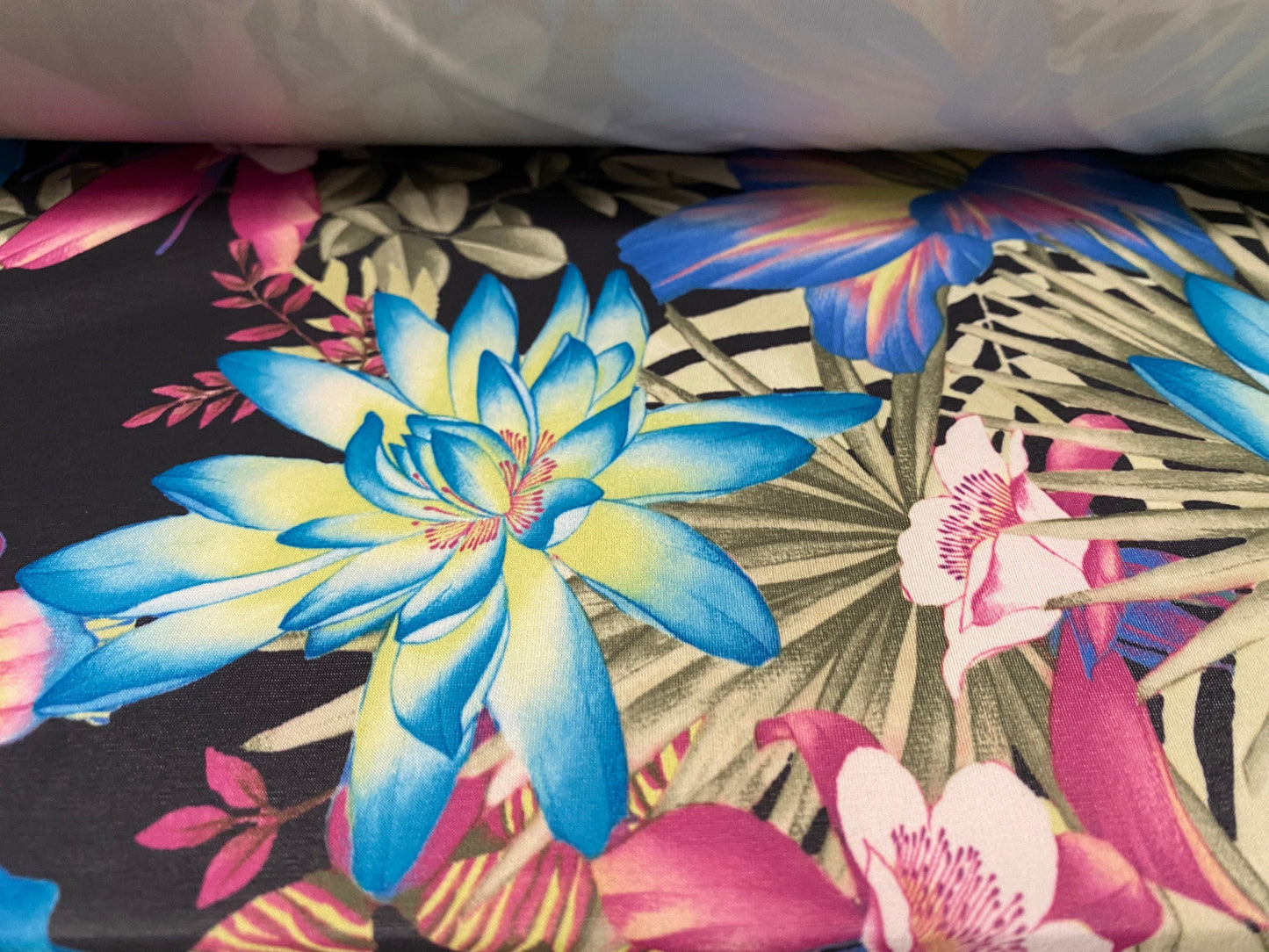 Single jersey one way stretch printed fabric, per metre - exotic flower print - black