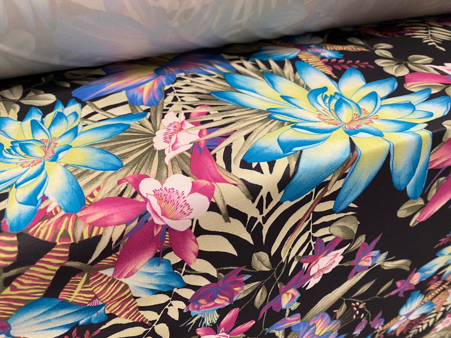 Single jersey one way stretch printed fabric, per metre - exotic flower print - black