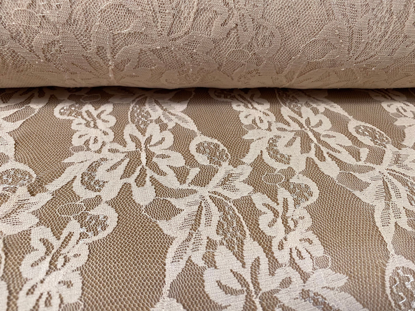 Stretch lace dress fabric, per metre - flower design - Nude
