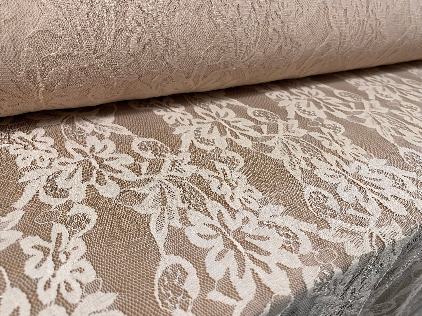 Stretch lace dress fabric, per metre - flower design - Nude