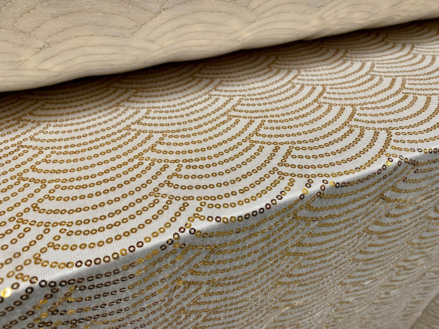 Viscose spandex stretch single jersey fabric, per metre - cream with gold metallic sequins fan design