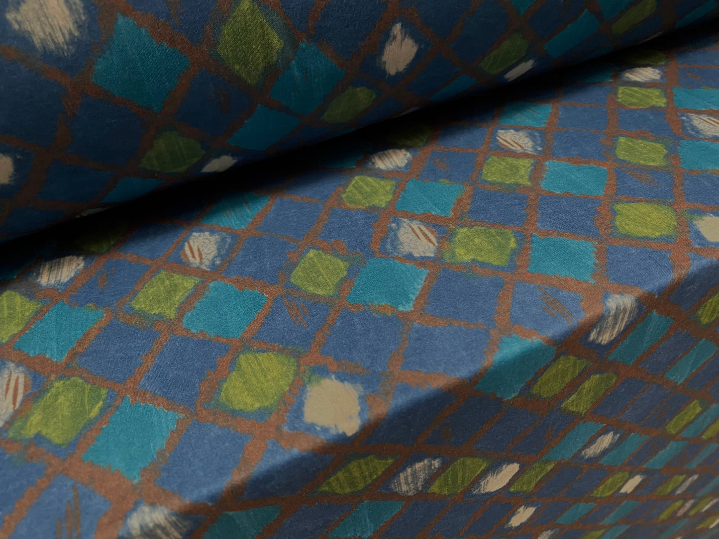 Single jersey mousse fabric, per metre - diamond harlequin print - blue green turquoise