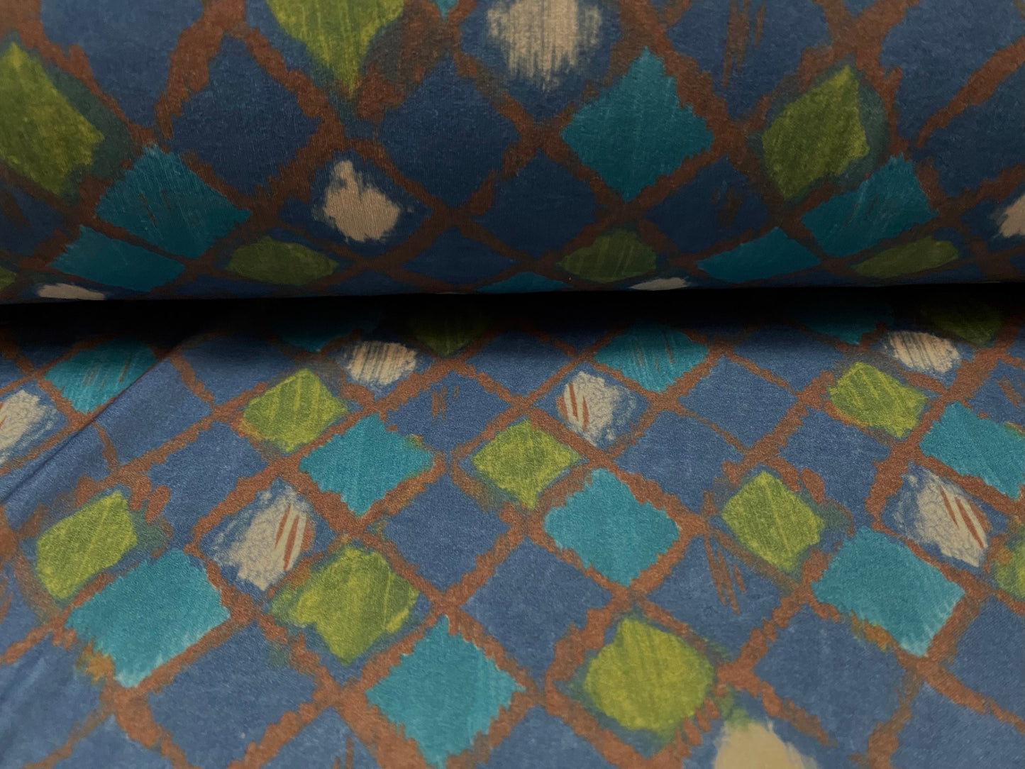 Single jersey mousse fabric, per metre - diamond harlequin print - blue green turquoise