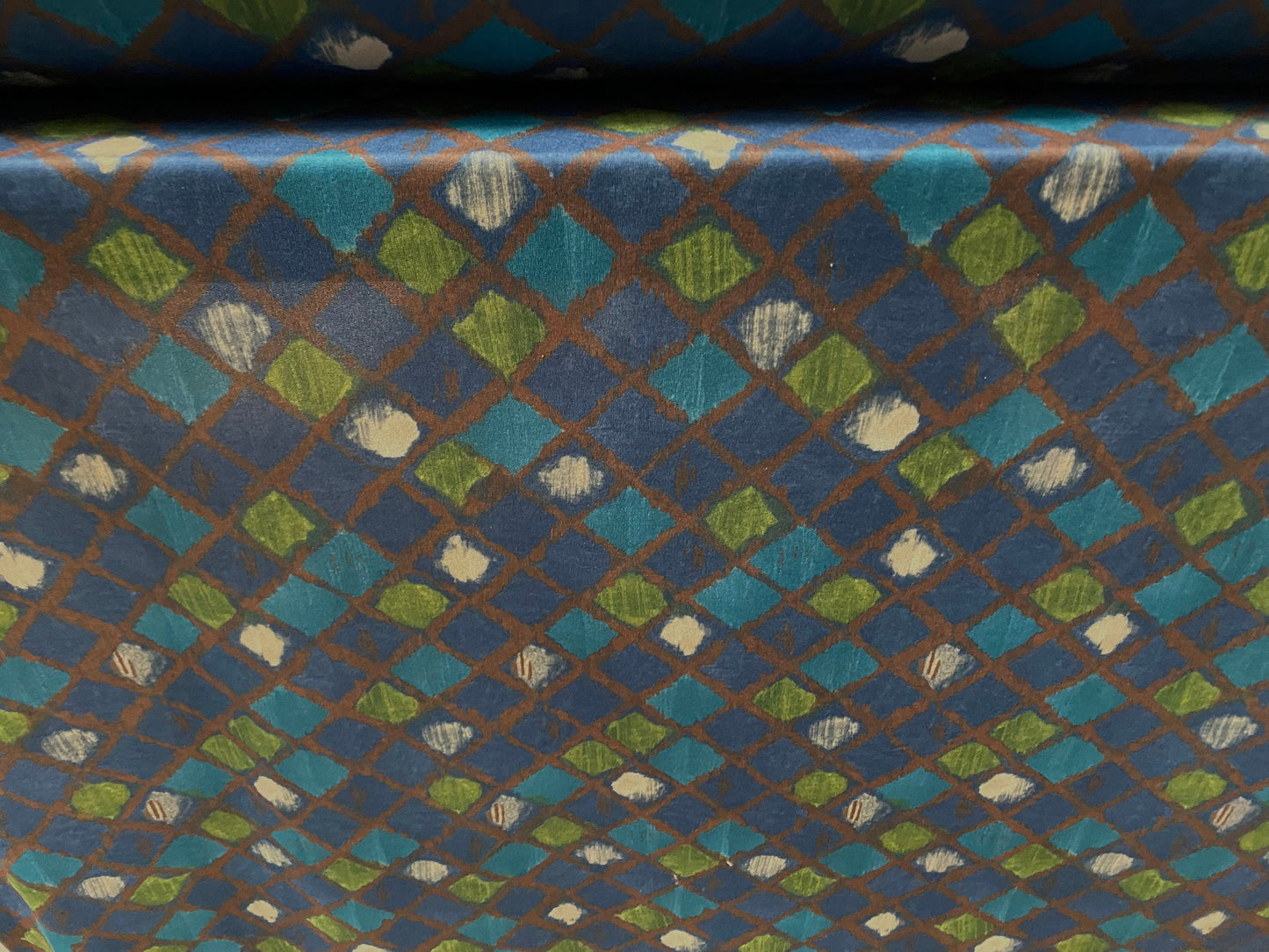 Single jersey mousse fabric, per metre - diamond harlequin print - blue green turquoise