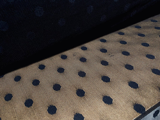 Power mesh net stretch fabric, per metre - black polka dot