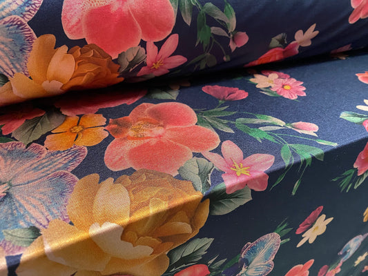 Disco shimmer stretch jersey fabric, per metre - rose flower border print - blue Orange pink