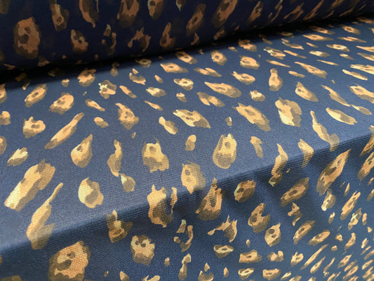 Stretch helenca mesh fabric, sheer, per metre - distressed Leopardskin print - navy & peach