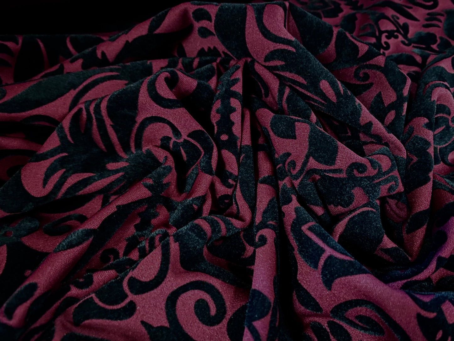 Scuba neoprene stretch double jersey fabric, per metre - Flocked fleur de lys print - burgundy & black