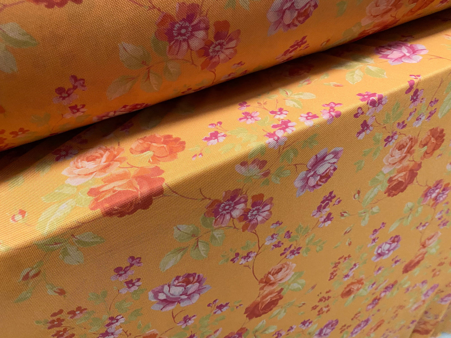 Power mesh net stretch fabric, per metre - Roses flower print - Orange & pink