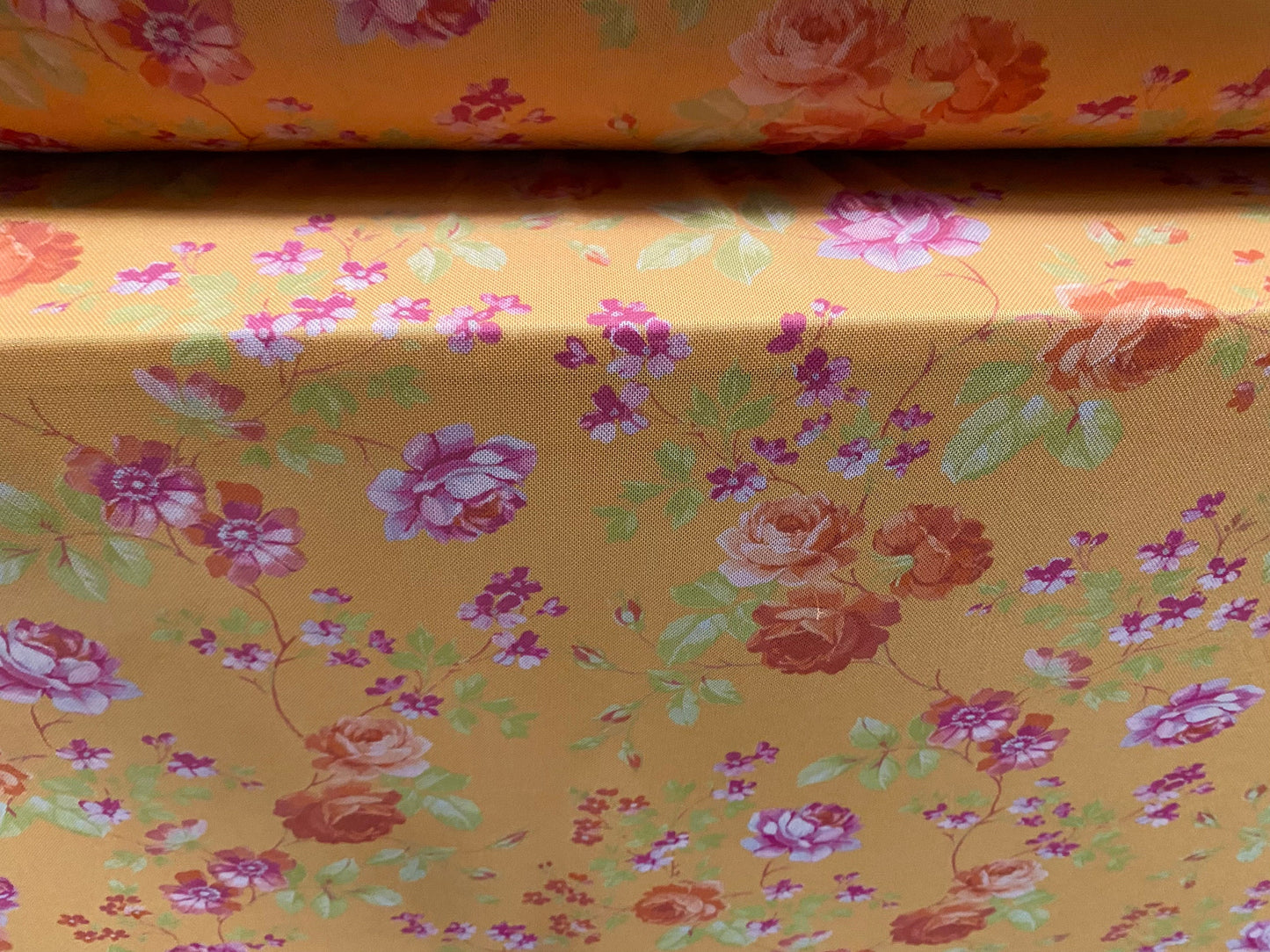 Power mesh net stretch fabric, per metre - Roses flower print - Orange & pink