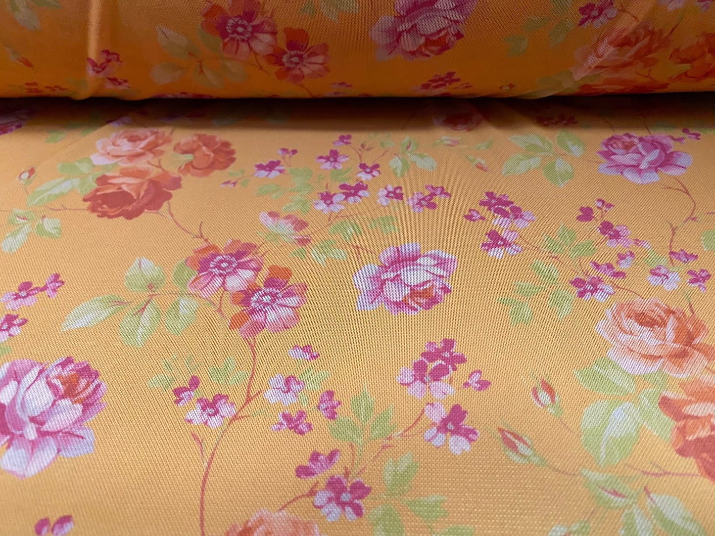 Power mesh net stretch fabric, per metre - Roses flower print - Orange & pink