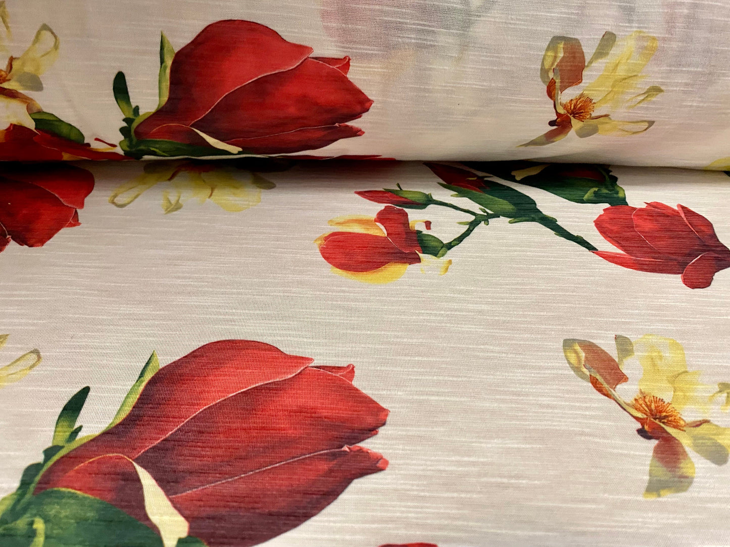 Slub single jersey printed fabric, per metre - blossom flower bud  print - white & Red