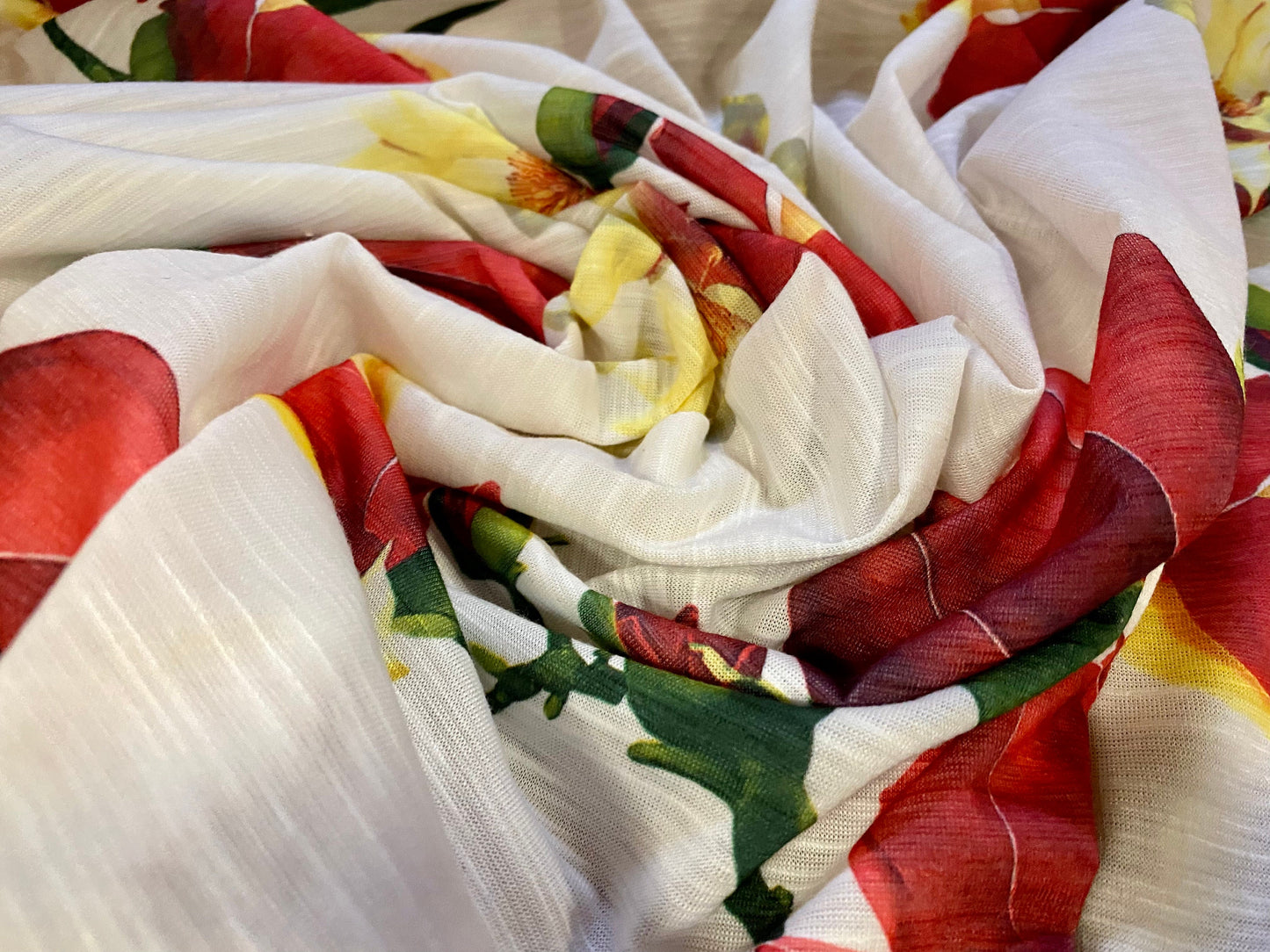 Slub single jersey printed fabric, per metre - blossom flower bud  print - white & Red