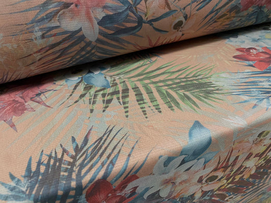 Stretch helenca mesh fabric, sheer, per metre - exotic flower print - salmon pink