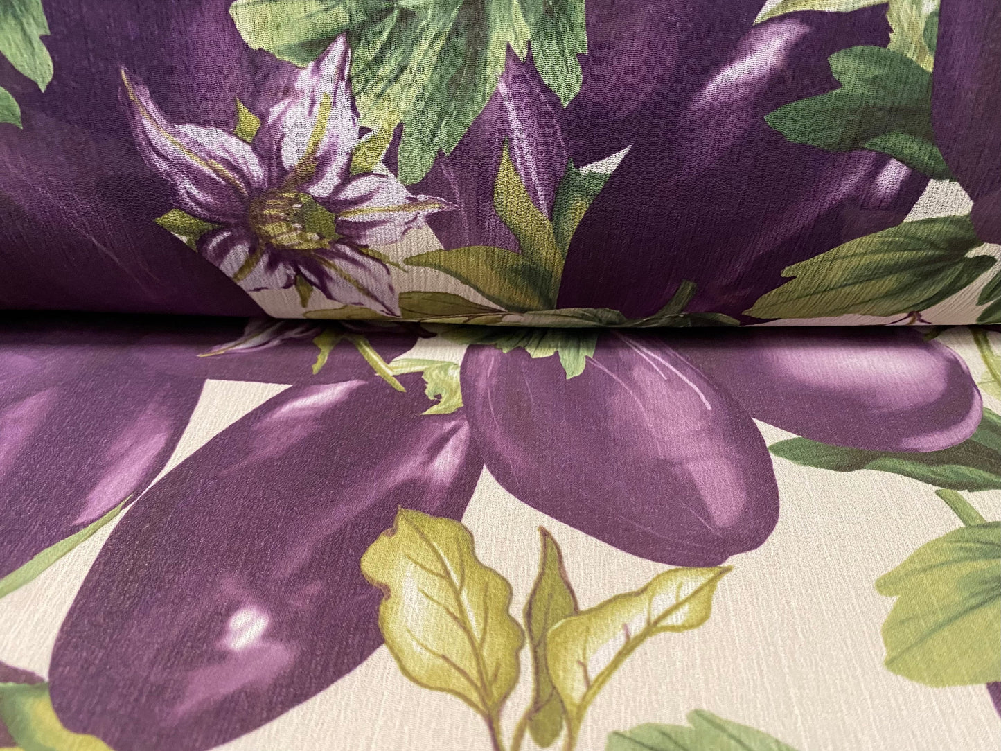 Printed chiffon yoryu dress blouse fabric, per metre - aubergine floral print - Purple & cream