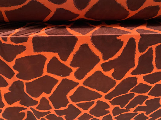 Disco shimmer stretch spandex jersey fabric, per metre - orange giraffe print