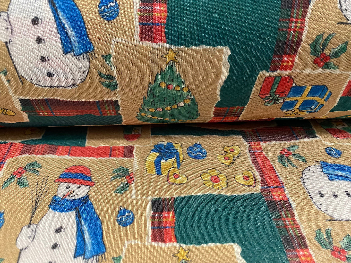 Fine rib jersey knit fabric, per metre - Christmas trees and snowman  print