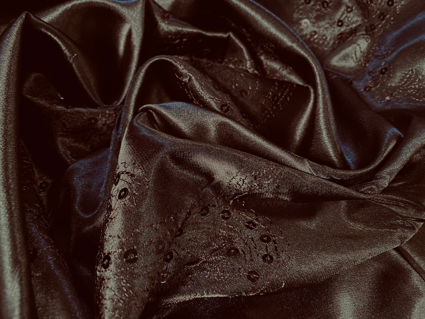 Silky Stretch satin dress fabric, per metre - paisley embroidery with sequins - dark chocolate brown