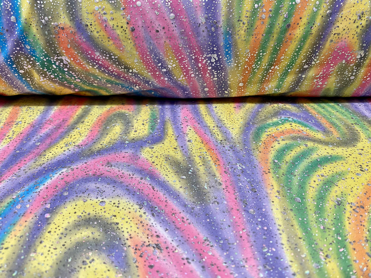 Stretch spandex jersey fabric, per metre - rainbow swirl,print with metallic splash