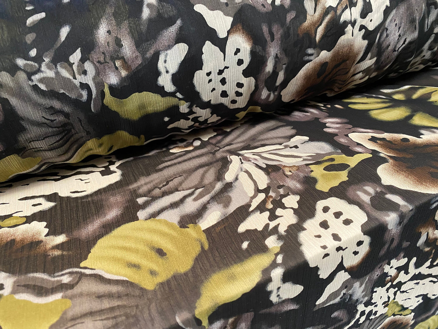 Printed chiffon yoryu dress blouse fabric, per metre - distressed floral print - khaki & brown