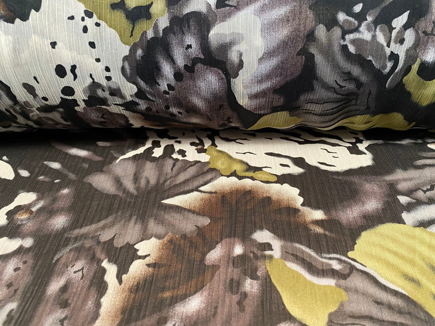 Printed chiffon yoryu dress blouse fabric, per metre - distressed floral print - khaki & brown