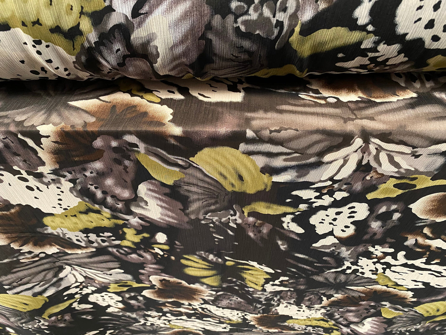 Printed chiffon yoryu dress blouse fabric, per metre - distressed floral print - khaki & brown