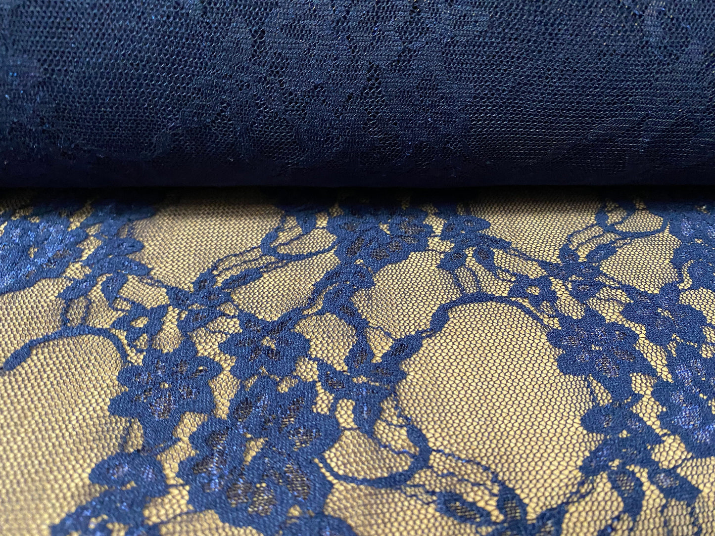 Stretch mesh lace net floral fabric, per metre - navy blue