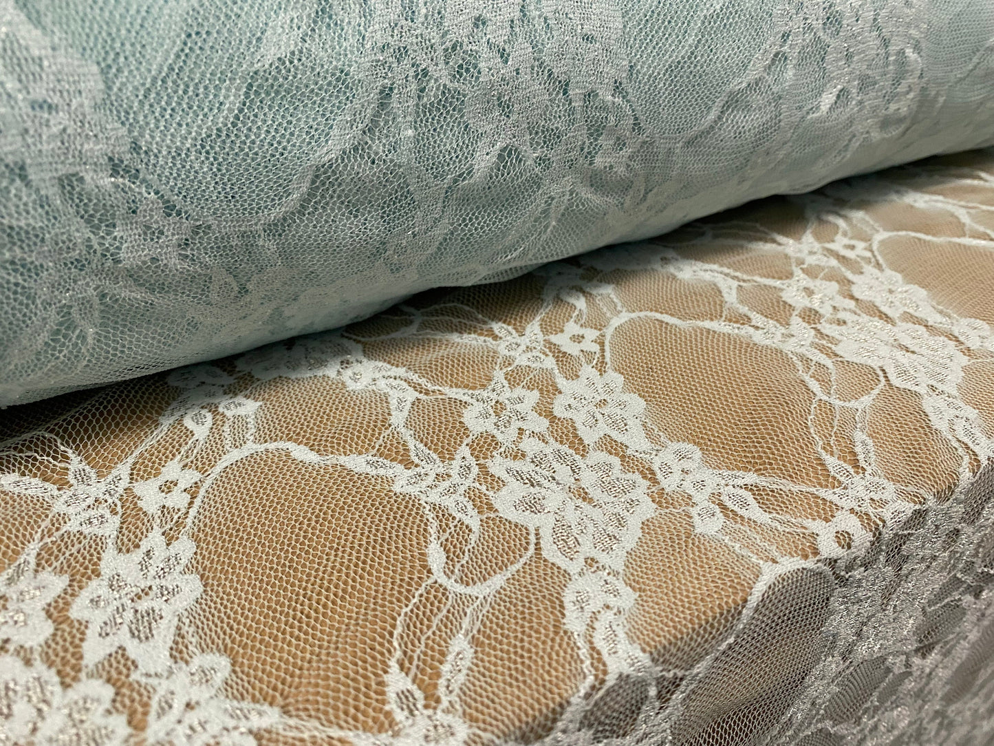 Stretch spandex lace mesh net fabric, per metre - floral pattern - spearmint