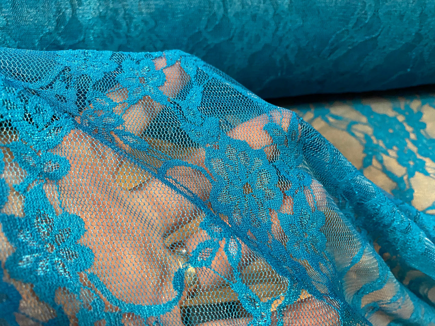 Stretch mesh lace net floral fabric, per metre - kingfisher blue