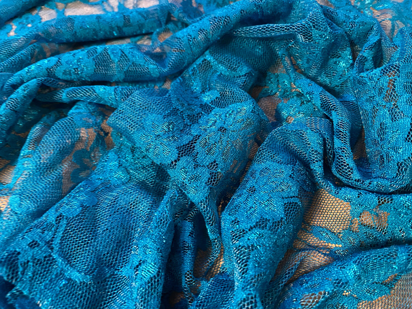 Stretch mesh lace net floral fabric, per metre - kingfisher blue