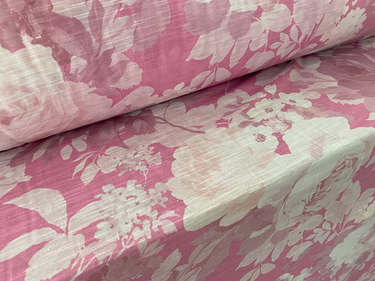 Slub single jersey printed fabric, per metre - flower print - pink rose