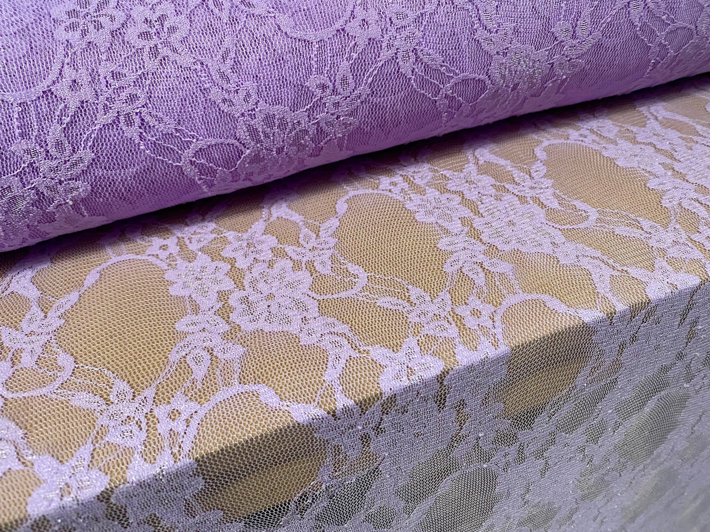 Stretch spandex mesh lace net floral fabric, per metre - lilac