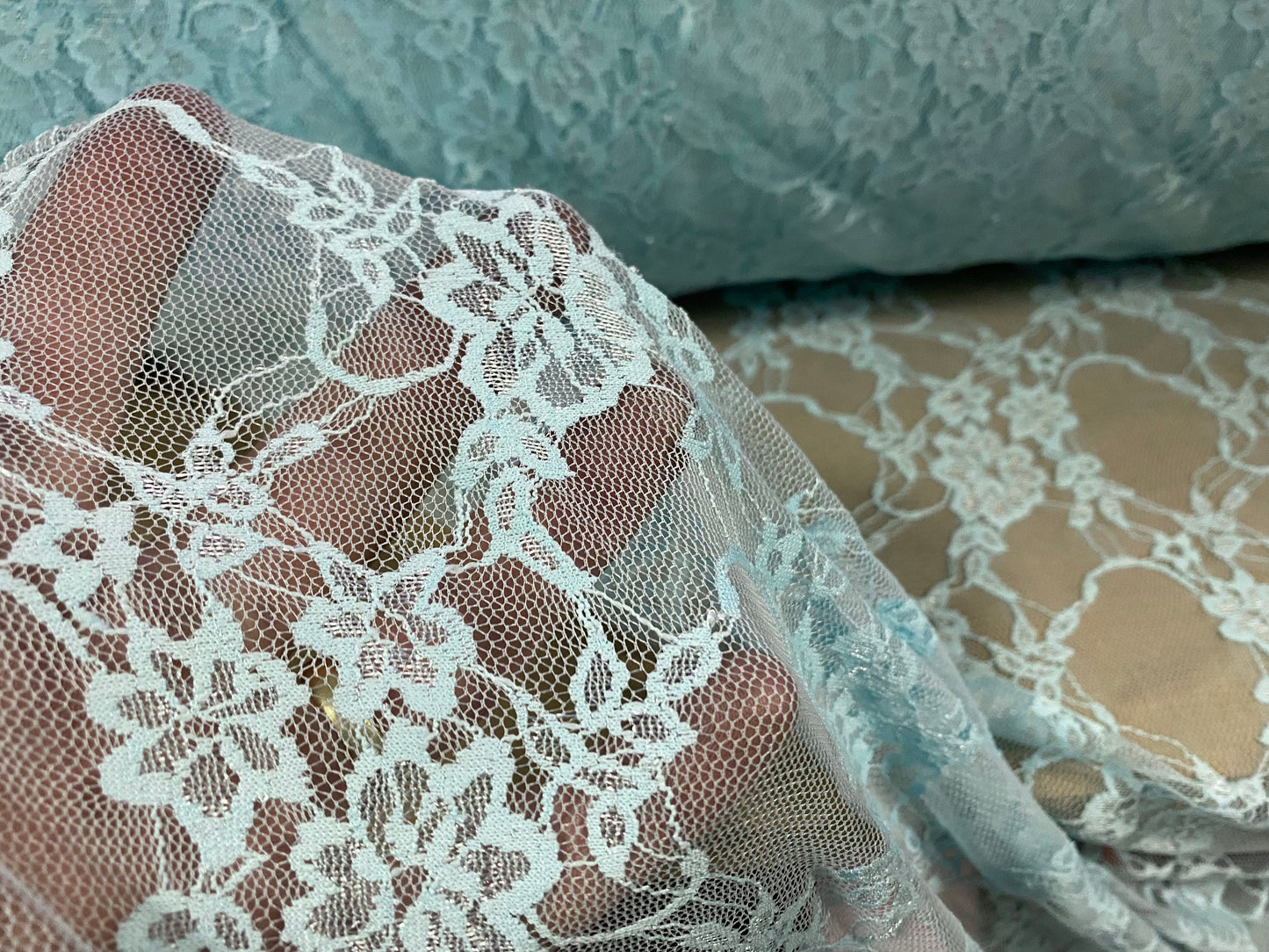 Stretch mesh lace net floral fabric, per metre - turquoise