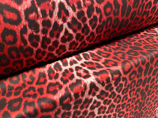 Sweatshirt fleece soft jersey fabric, per metre - Red Leopardskin animal print