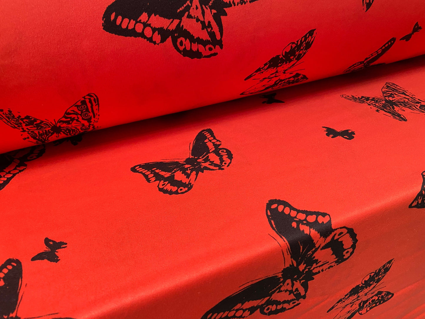 Scuba spandex stretch neoprene style jersey fashion fabric, per metre - butterfly print - orange red