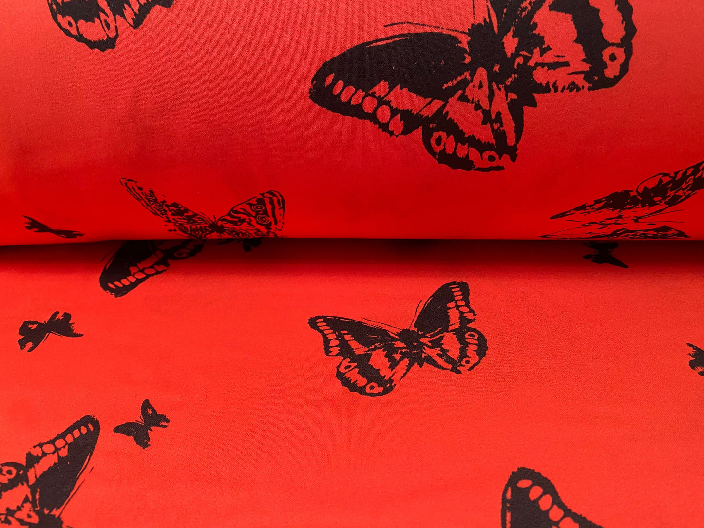Scuba spandex stretch neoprene style jersey fashion fabric, per metre - butterfly print - orange red