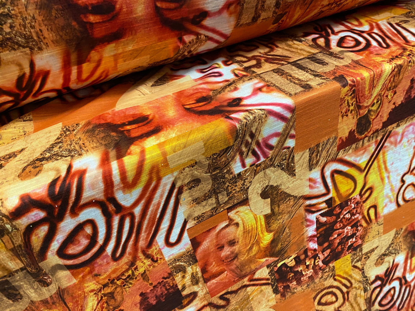 Slub single jersey printed fabric, per metre - festival graffiti faces print - orange