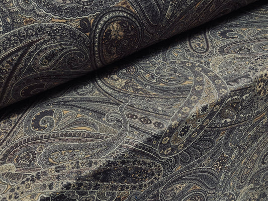 Slub single jersey printed fabric, per metre - paisley print - grey & tan