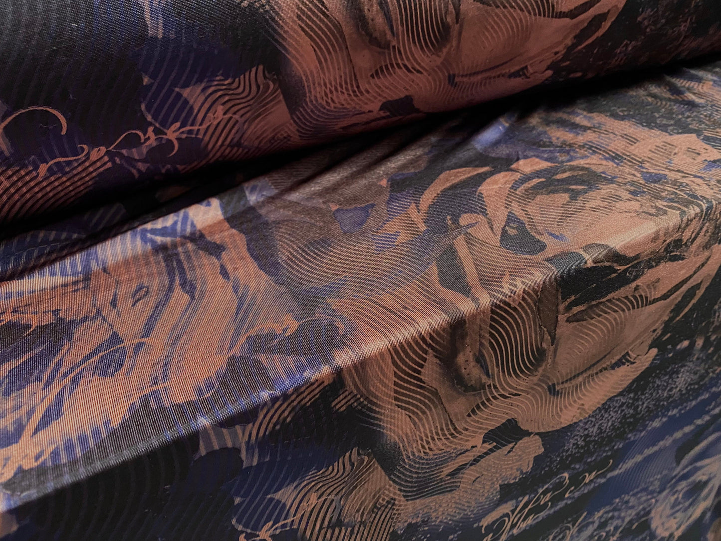 Disco shimmer stretch jersey fabric, per metre - distressed rose poem print - navy & dusky pink