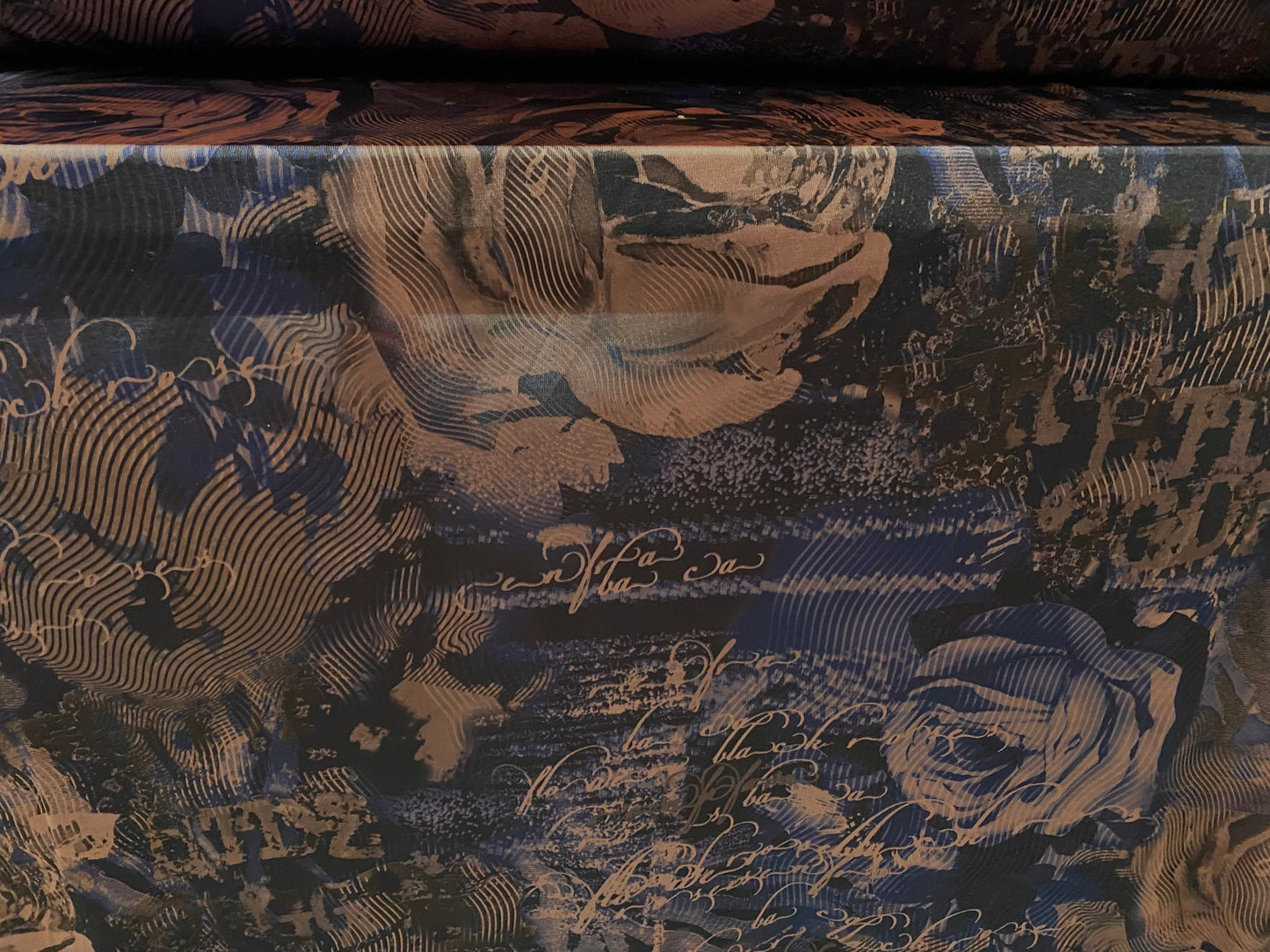 Disco shimmer stretch jersey fabric, per metre - distressed rose poem print - navy & dusky pink