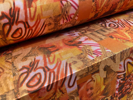 Disco shimmer stretch jersey fabric, per metre - festival graffiti print - orange & pink