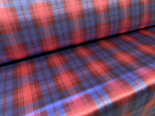 Silky Stretch satin dress fabric, per metre - tartan check print - raspberry and blue