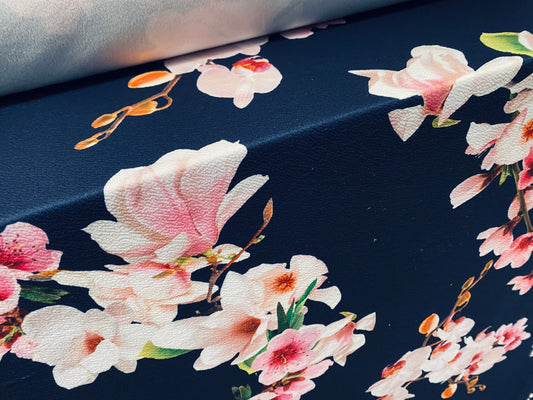 Scuba textured ‘Liverpool’ stretch spandex jersey fabric, per metre - Navy with pink blossom print